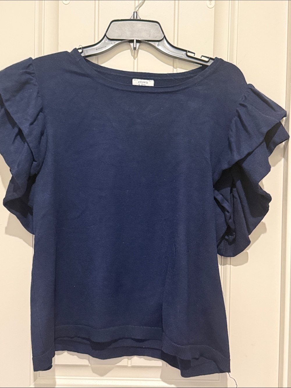 crown & ivy Navy Ruffle Short Sleeve Top